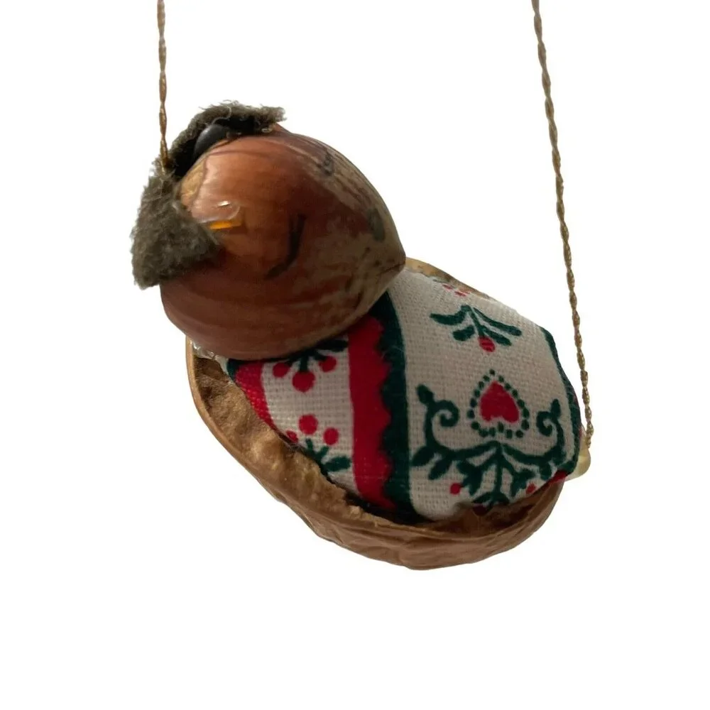 Adorable hazelnut‎ mouse in walnut cradle Christmas Ornament Handmade Vintage